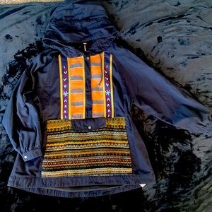 Free People Navy Hooded Embroidered Anorak with Orange Accents